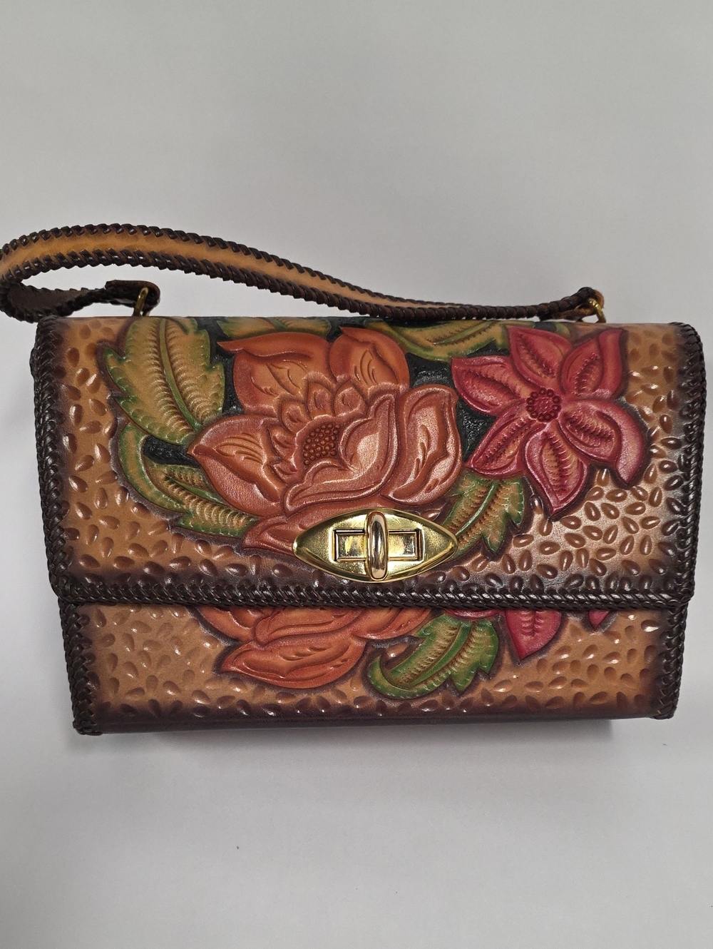 Vintage Southwestern Artesanal Style Hand-Tooled Leather Handbag, Like New